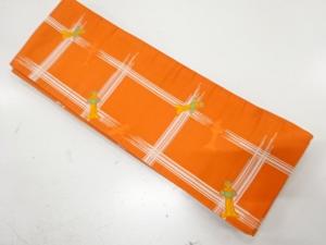 格子に姉さん人形模様織り出し　半幅帯